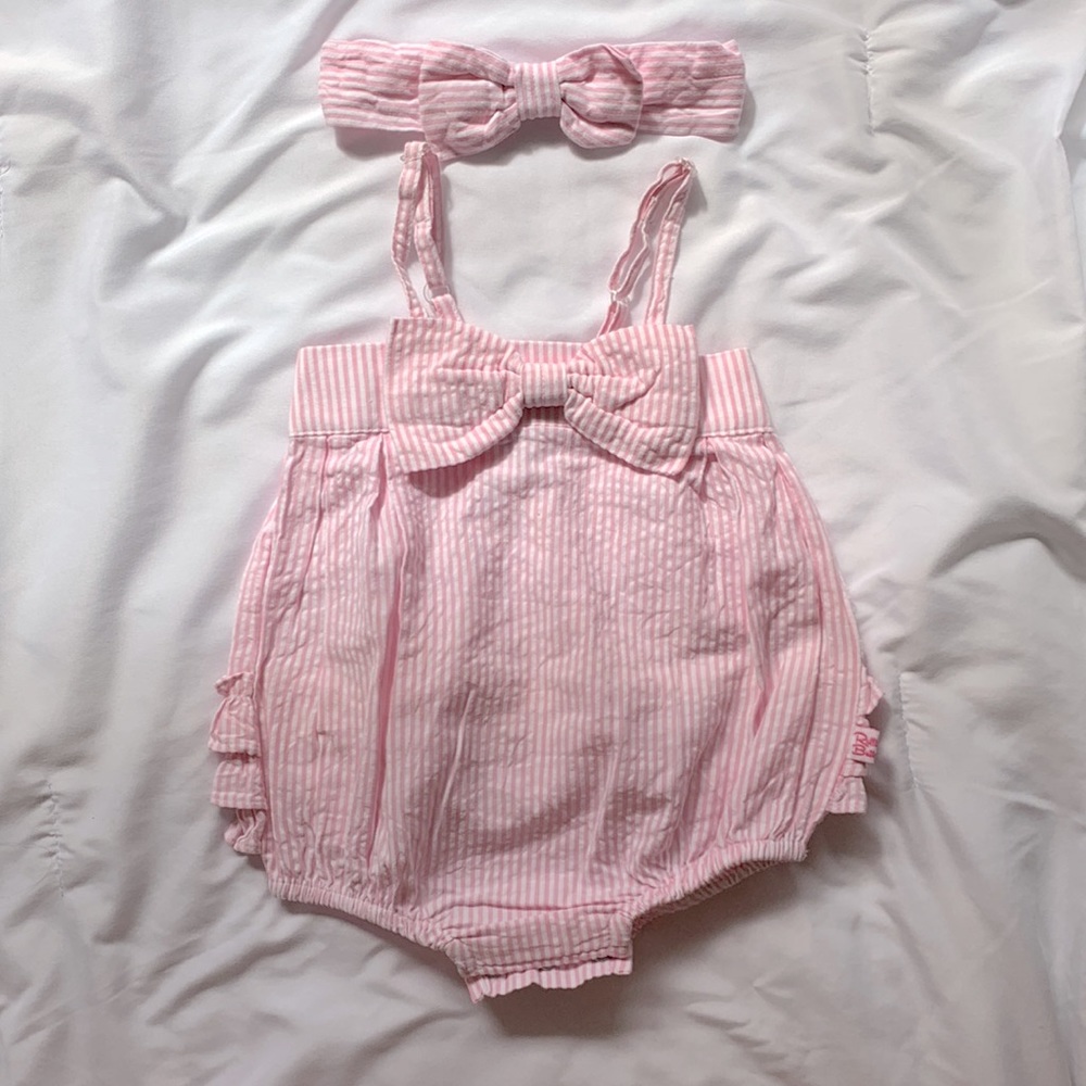 RuffleButts Seersucker Bubble Romper & Head Wrap Set Pink & White 6-12 Months